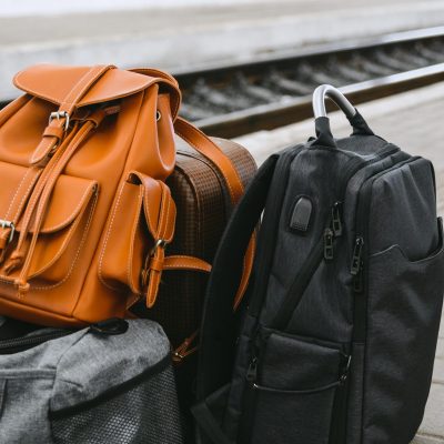 bags at railway station near railroad