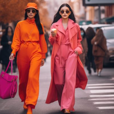 Two women walking in the city street with colorful outfit. generative AI AIG21.